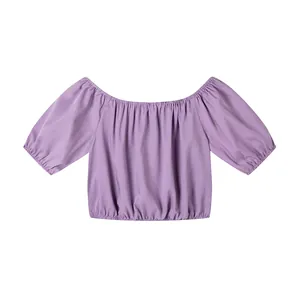 Haut court lilas élégant à épaules dénudées et manches bouffantes vue détaillée du produit