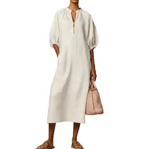 Women's loose solid cotton linen maxi dress with bubble sleeves and zipper neck