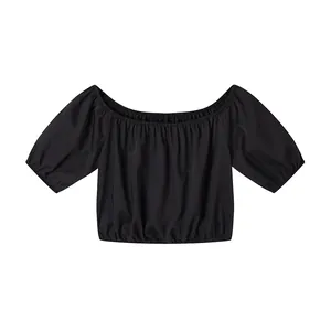 Crop top noir épaules dénudées pour femmes avec manches bouffantes et ourlet élastique