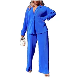 Sexy cobalt blue pleated two-piece set with button-down shirt and loose trousers