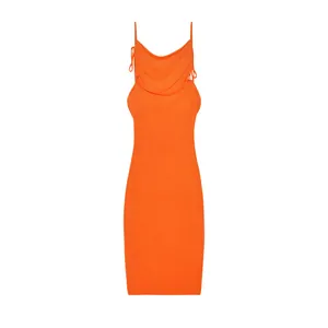 Front view of orange cowl neck mini dress with spaghetti straps and draped detailing