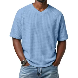 Men's Waffle Knit Cotton Blend T-Shirt Fashion Raglan Sleeve V-Neck Short Sleeve Casual Lightweight Breathable Tee Top For Men