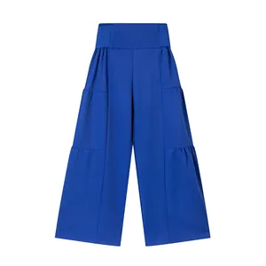 Vue de face du pantalon large bleu roi à taille haute et à volants pour femmes