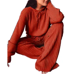 Comfortable two-piece long sleeve hooded loose casual ribbed knit lounge set in rust orange