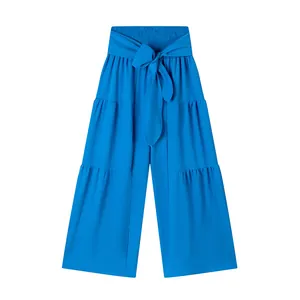 Pantalon bleu à taille haute et jambes larges avec nœud et détail à volants