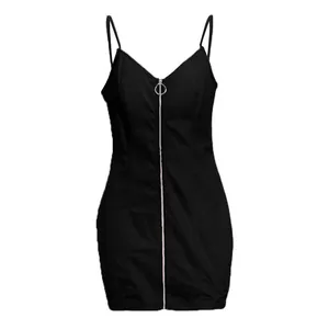 Abito sexy nero aderente con spalline sottili e cerniera frontale con anello a O