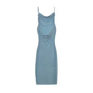 Detailed view of sky blue halter backless dress with cowl neck and side drawstrings