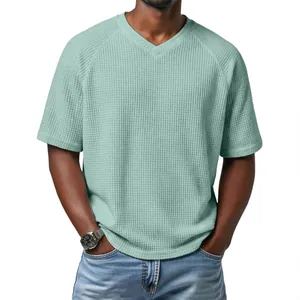 Men's fashion mint green waffle knit T-shirt featuring a V-neck and stylish raglan sleeves