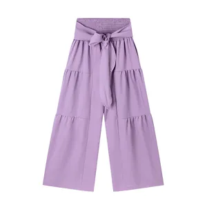 Pantalon lavande à taille haute et jambes larges avec volants et ceinture à nouer