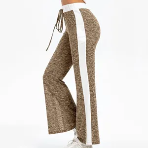 Side view of casual wide-leg pants with white stripes and heathered brown print