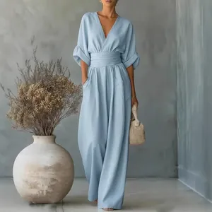 Women Elegant V-Neck Jumpsuit Polyester Solid Color Cinched Waist High Waist Wide Leg Romper Short Sleeve Casual Office Lady Fashion