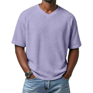 Men's fashion waffle knit V-neck short sleeve T-shirt with raglan sleeves purple