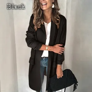 Elegant women's long sleeve black blazer jacket with stylish faux pockets for autumn wear