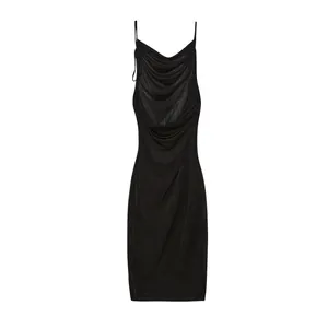 Elegant black bodycon mini dress with a draped cowl neckline and slim spaghetti straps