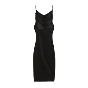 Elegant black shimmering slip dress featuring a cowl neckline and thin spaghetti straps