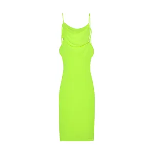 Detailed view of neon green bodycon dress featuring a draped neckline and thin straps for summer