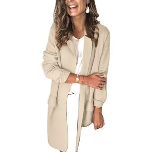 Casual solid color long-sleeved blazer for women in apricot, stylish autumn office wear.