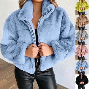 Veste en fausse fourrure pelucheuse pour femme avec fermeture éclair et aperçus de couleurs