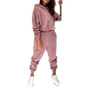 Completo tuta sportiva da donna in velluto malva con felpa con cappuccio e pantaloni