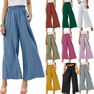 Women High Waist Wide Leg Pants Viscose Polyester Cotton Linen Look Crinkled Casual Loose Trousers With Paperbag Waist