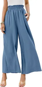 Detailed view of women's dusty blue high-waisted wide-leg linen cotton trousers