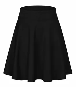 Close-up of high-waist black A-line skater skirt with elastic waistband