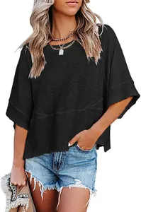 Women's casual black crew neck top with three-quarter flare sleeves and loose fit.