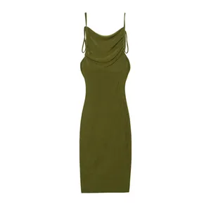 Front view detail of olive green backless bodycon midi dress with cowl neck drape