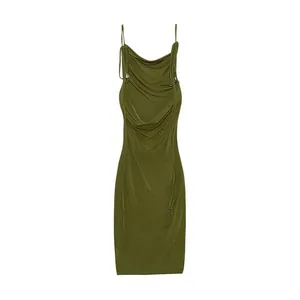 Detail of olive green backless halter dress with elegant cowl neck and tie-straps