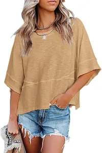 Elegant khaki crewneck t-shirt featuring flared sleeves and a relaxed summer fit
