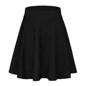 Professional studio shot of a classic black high-waisted A-line mini skater skirt for women