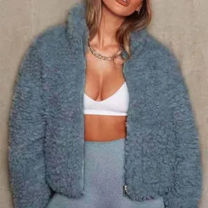 Stylish blue fuzzy fleece jacket with zip-up design and a cropped fit for all women