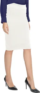Detail view of a white high-waist double-layered bodycon pencil skirt on model