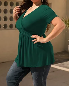 Detailed side view of a plus-size dark green short-sleeve V-neck T-shirt for women with ruffles