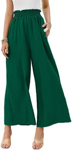 Elegant dark green women's high-waisted cotton linen loose leisure wide-leg trousers