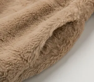 Detail of soft faux fur texture and side pocket on a cozy brown plush cardigan jacket