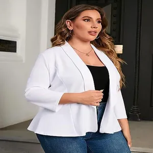 Detailed shot of a stylish white plus-size lightweight blazer with ruffled hem for women