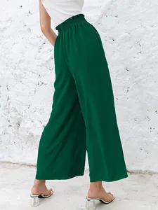 High waisted dark green wide leg pants for women with comfortable elastic waist