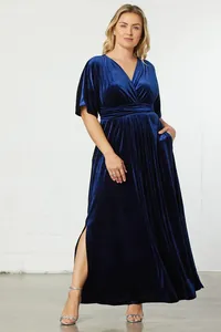 Elegant navy blue velvet maxi dress featuring a V-neckline and pleated detail for women