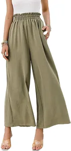 Elegant olive green high-waisted wide-leg palazzo pants with paperbag waist detail