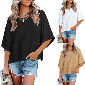 Women's Casual Cotton Blend T-Shirt Top Round Neck Spliced Three-Quarter Bell Sleeve Loose Summer Tee