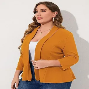 Detailed view of a lightweight orange casual ruffle hem plus size blazer for women