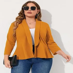 Stylish plus size mustard yellow blazer with shawl collar and peplum hem detail