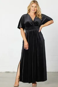Elegant black velvet maxi dress with V-neck and flutter sleeves for formal events