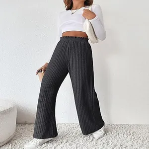 High-waisted ribbed wide-leg knit trousers for women in a casual minimalist style.