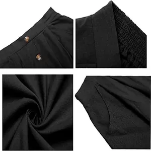 Detailansichten des schwarzen High-Waist-A-Linien-Rocks mit Knöpfen und Taschen