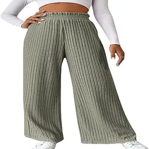 High-waisted casual sage green ribbed knit wide-leg trousers for women, soft fabric