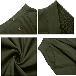 Detailansicht des dunkelgrünen A-Linien-Rocks mit Knöpfen, Gummizug und Taschen.