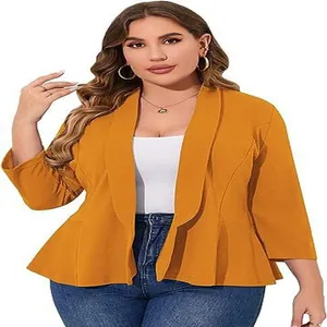 Detail showing a mustard yellow plus size ruffled blazer with elegant peplum hem.