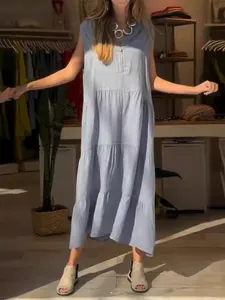 Vestito Maxi a Balze Senza Maniche con Scollo a V in Cotone e Lino da Donna Tinta Unita Casual Vestibilità Comoda Abito Lungo Estivo